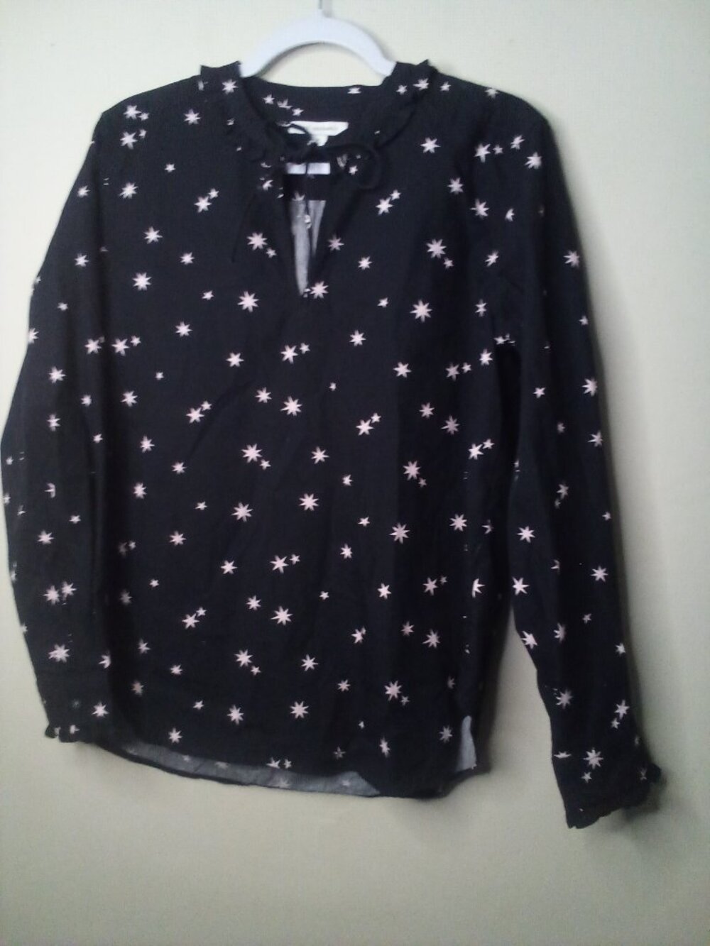 Free Assembly Shirt Women S Long Sleeve Ruffle Trim Cotton Stars Black Pink